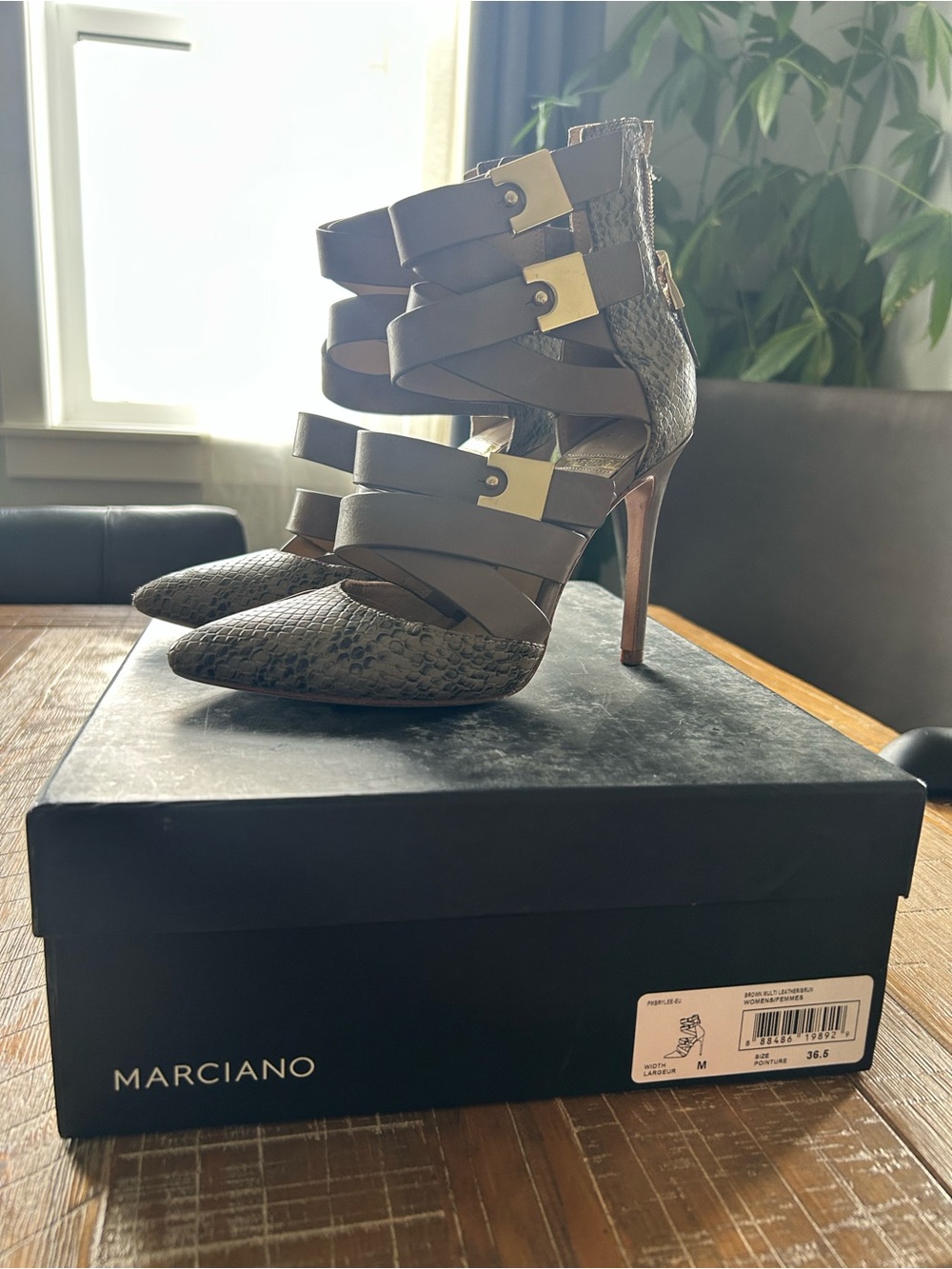 Marciano Brown Snake-Print Strappy Stiletto Heels